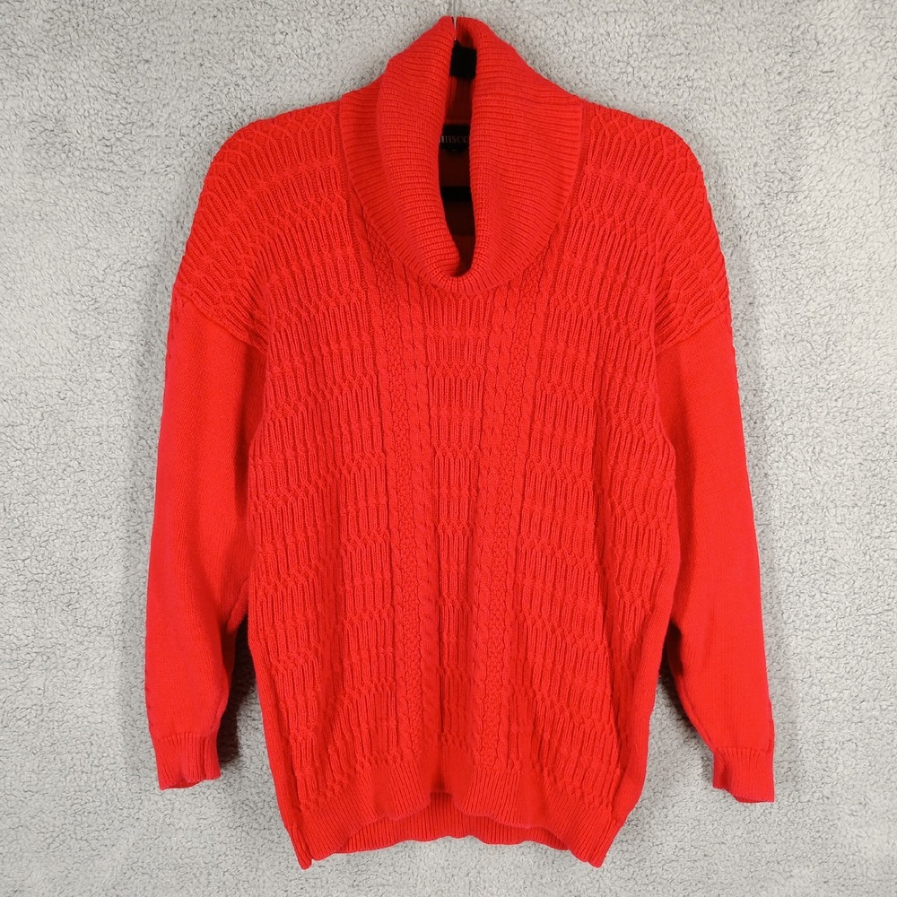 Wainscott Small Cotton Cable‎ Knit Turtleneck Sweater Made in Ireland Red